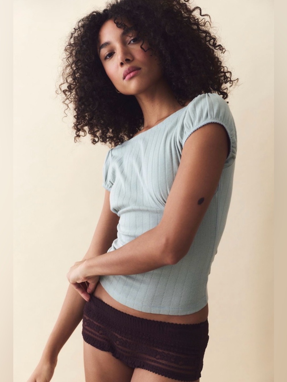 FREE PEOPLE End Game Pointelle Puff Baby Tee TOP in Desert Sage